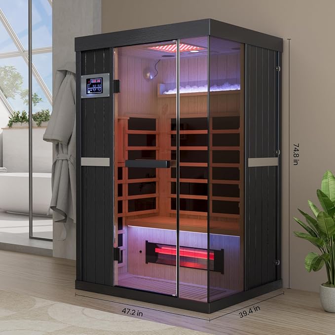2-Person FAR Infrared Sauna for Home & Gym, Himalayan Salt Rocks Plus 12" * 12" Red Light Therapy & 2 Speakers, 1990W Canadian Hemlock Wood Indoor Dry Spa