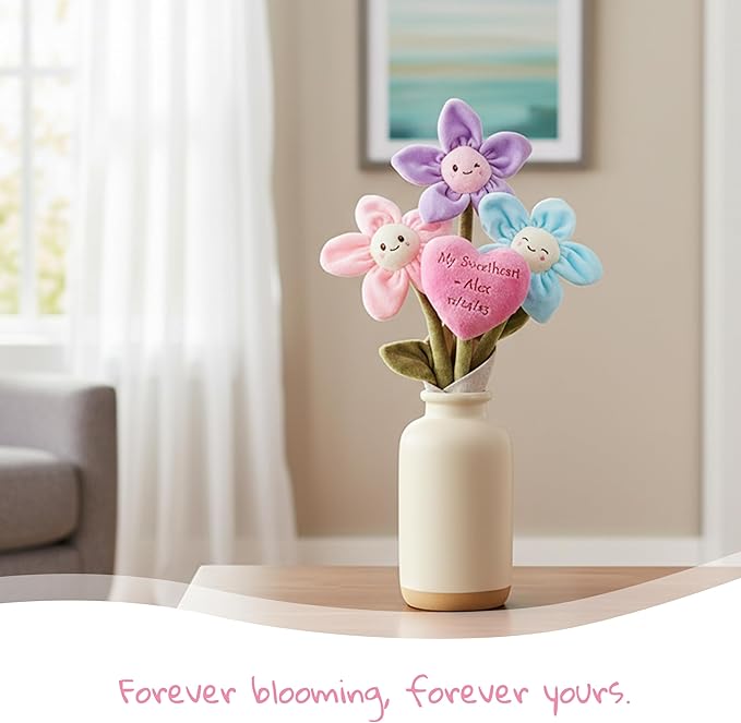 June Garden 17" Plush Flower Bouquet with Customizable Heart – 3 Soft Plush Flowers with Bendable Stems – Personalized Embroidered Gift for Valentine’s Day, Anniversary, Birthday, or Home Décor