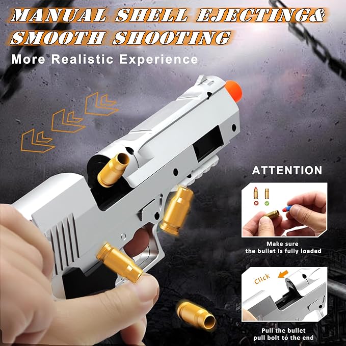 Toy Pistol Guns Toys for 8 9 10 11 12 13+ Year Old Boys Kids, Sports & Outdoor Play Toys Gun with Soft Bullet & Shell Ejecting, Silver Fidget Toy Guns for Boys 8-12, Kids Gifts for Birthday