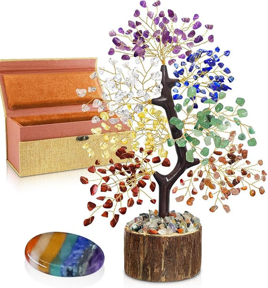 7 Chakra Crystal Tree of Life with Worry Stone (Set 2) - Unique Birthday Gifts for Women, Valentine's Day Gift, Chakra Trees Healing Positive Energy for Home Decor, Office Desk Decor, Gift for Mom