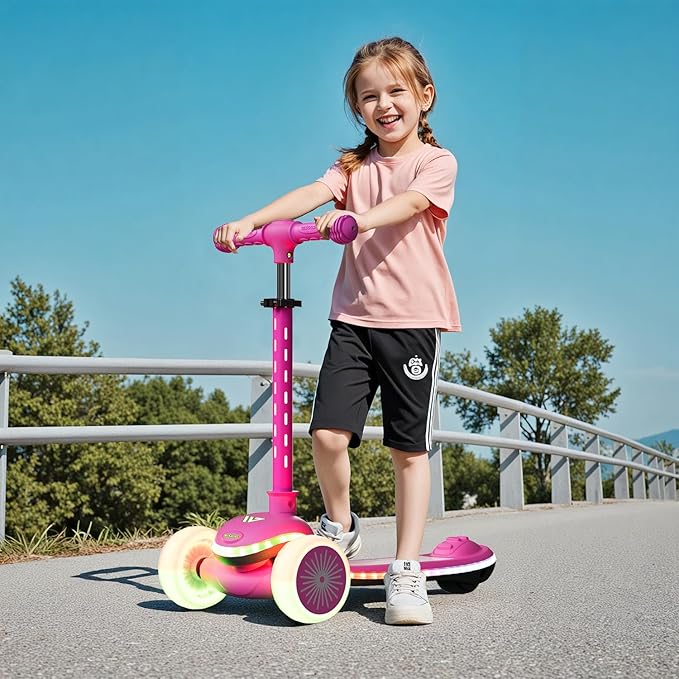 Kids Scooter, 3 Wheel Kick Scooter for Toddlers with Light Up Wheels, Lean-to-Steer Design, Adjustable Height Handlebar, Anti-Slip Deck, Ages 2–8