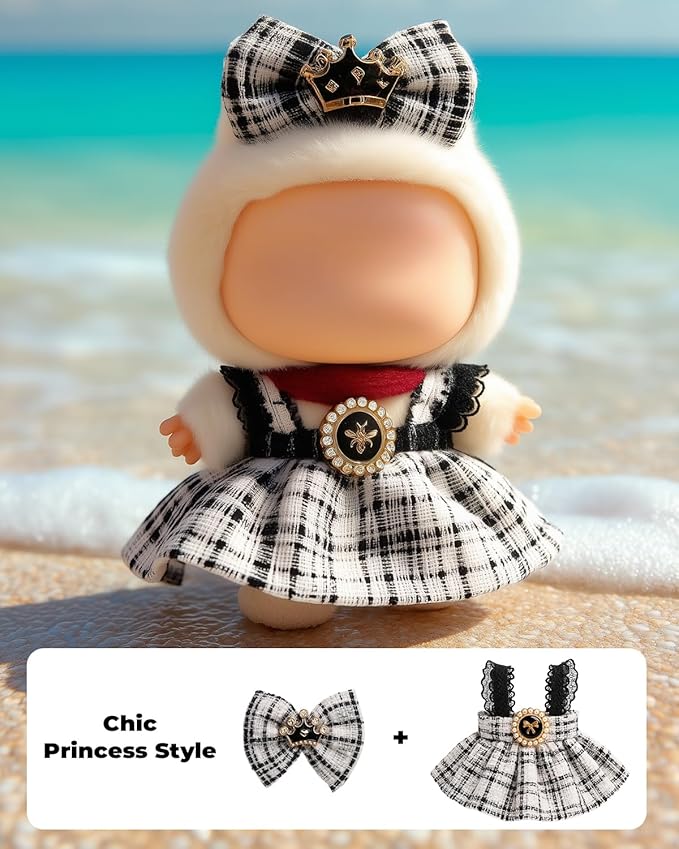 (2-Pack) 17cm Clothes Set, Black Plaid Outfit & Pink Plaid Dress Set, Stylish Doll Clothes with Bow Clip & Unique Metallic Details, Adorable Doll Accessories for 17cm Dolls