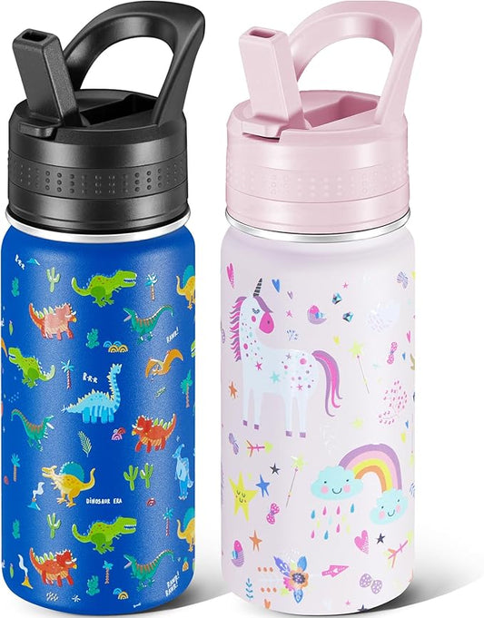 2 Pack Kids Water Bottle,14oz Stainless Steel Insulated Water Tumbler Leak-Proof,School Water Mug,Small and Portable,Suitable for Boys and Girls to Use(Blue dinosaur + Pink unicorn)