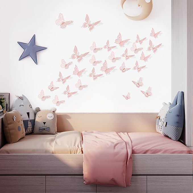 SAOROPEB 3D Butterfly Wall Decor 48 Pcs Pink Butterfly Decorations | 4 Styles 3 Sizes, Birthday Decorations Pink Room Decor Butterfly Party Decorations Cake Decorations, Removable Wall Stickers
