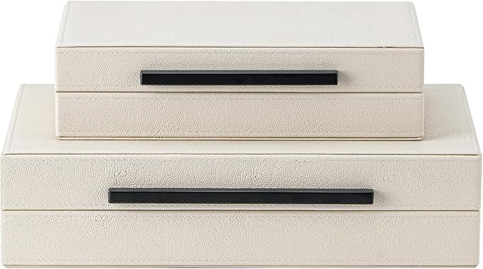 Set of 2 Beige Shagreen Decorative Storage Boxes with Black Metal Handles – Faux Leather Jewelry & Memory Boxes, Nesting Photo Organizers for Home Decor
