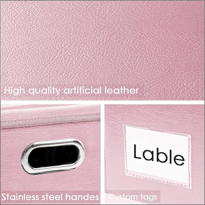 Collapsible Storage Bins with Lids [3-Pack] Leather Fabric Foldable Storage Boxes Organizer Containers Baskets Cube with Cover for Bedroom Closet Office Nursery Pink (14.9x10.8x10)
