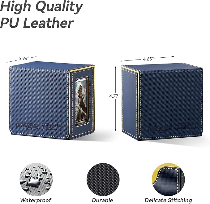 Mage Tech Card Deck Box for MTG Commander - Patented Design, Commander Display, Fits 100 Double-Sleeved Cards, 35pt Card Brick & Dice Tray - Blue/Yellow