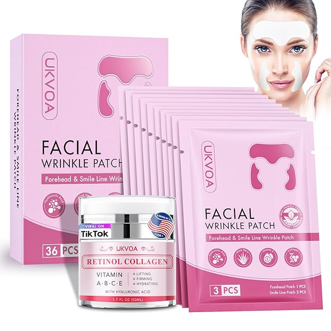 UKVOA Forehead Wrinkle Patches & Smile Line Patches, Overnight Facial Wrinkle Treatment with Hyaluronic Acid, Aloe, Collagen & Vitamin E to Lift Smile Lines for Women 36pcs with Face Retinol Cream