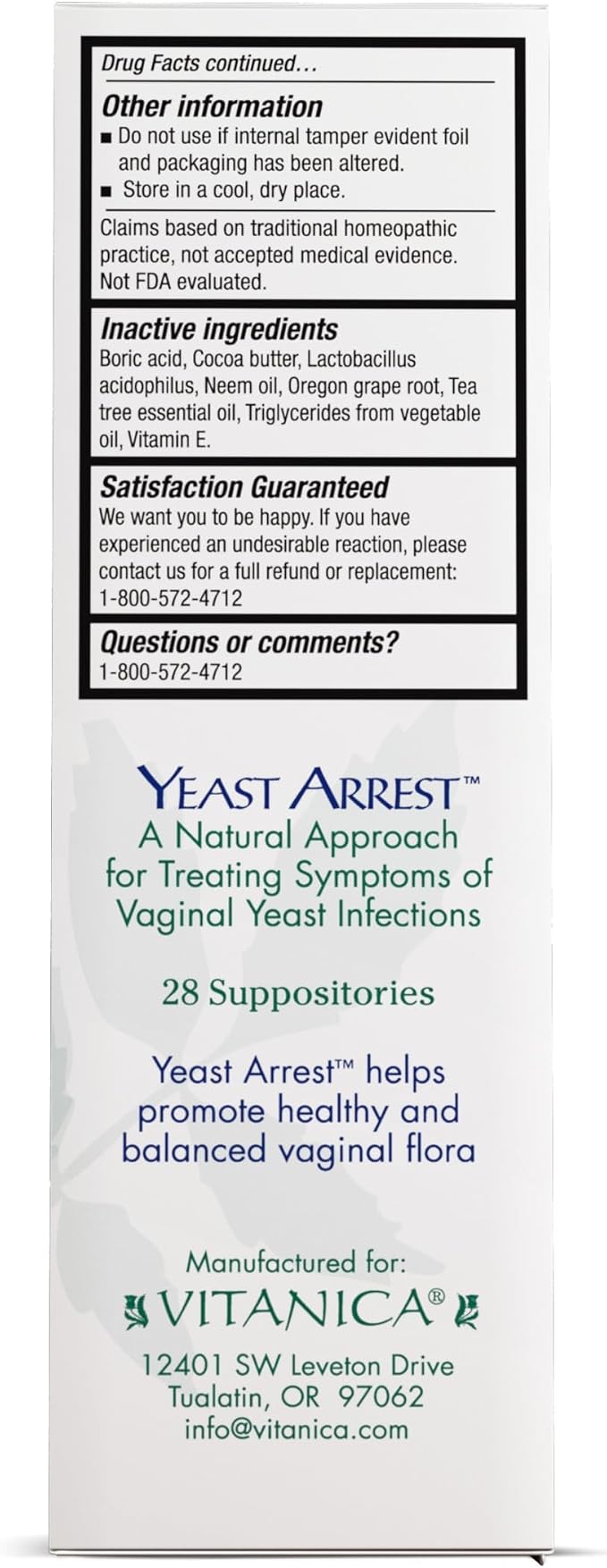 Vitanica Yeast Arrest, Homeopathic Vaginal Suppositories, for Yeast Infection Symptoms, Relieves Burning, Itching & Discharge, with Boric Acid, Tea Tree Oil & Probiotics, Vegan (Yeast Arrest Pro Logo, 28)