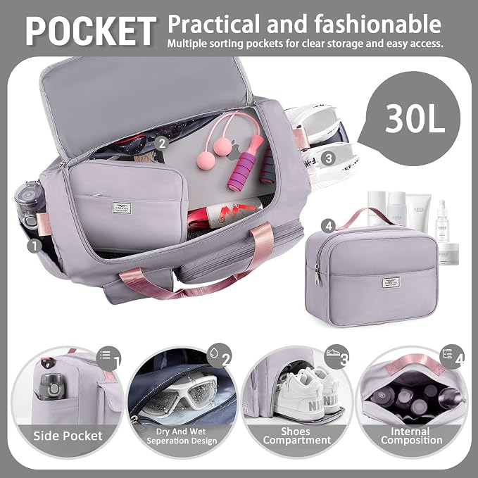 FIORETTO Women's Gym Duffle Bag with Shoes Compartment, 30L Capacity, Ideal for Travel, Gym, Sports, Duffel, Weekender