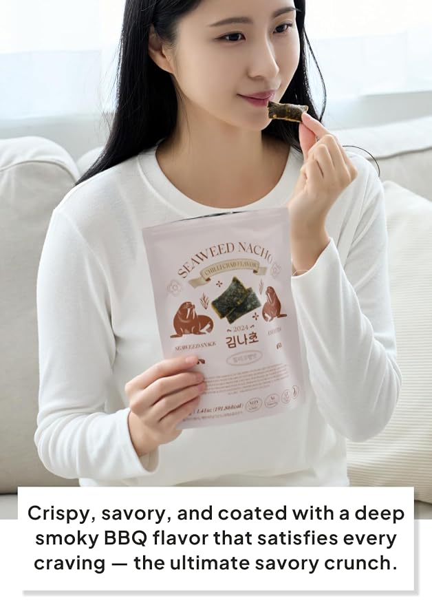 Korean Food Seaweed Nachos, Barbeque Flavor, Low-Sugar, Crispy Seaweed, 40g | Light and crispy seaweed snack with savory barbeque flavor and a satisfying crunch