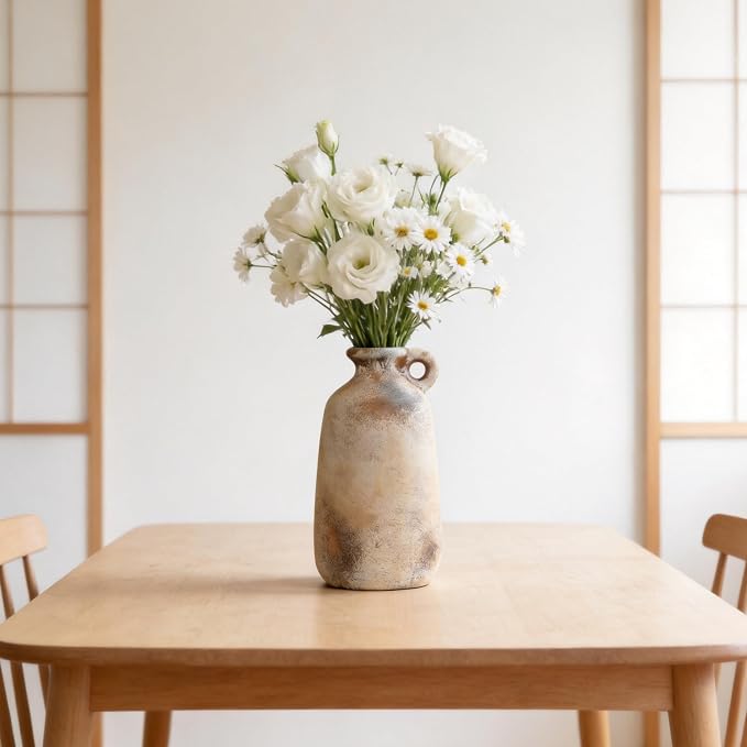 Ceramic Flower Vase, 10.1" Rustic Farmhouse Vase with Glazed Interior, Decorative Pottery Vase for Fresh Flowers, Pampas Grass, Living Room, Dining Table, Mantel and Shelf Decor