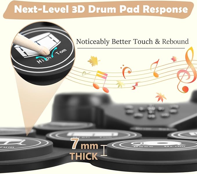 Electric Drum Set with 7 Colorful LED Light Patterns, Enhanced Rebound Feel Electronic Drum Kit Featuring 9 Pads, Bluetooth MIDI, and Dual Speakers, Family Gift for Kids and Adult Beginners