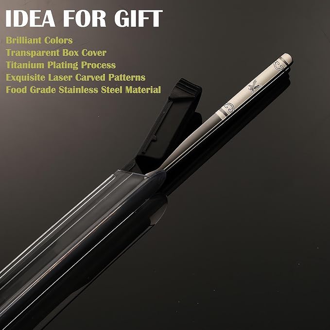 Portable Chopsticks, Reusable Metal Stainless Steel, Black Eagle | 1 Pair, Travel Chopsticks with Case, Titanium Plated, Dishwasher Safe