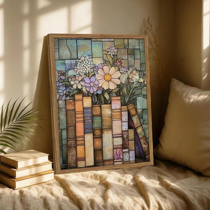 YYNISPIN Vintage Book Wildflower Wall Art Moody Stained Glass Book Lover Wall Decor Painting, Whimsical Reading Nook Library Poster Canvas Prints for Cottage Bedroom Living Room 12x16 inch Frame