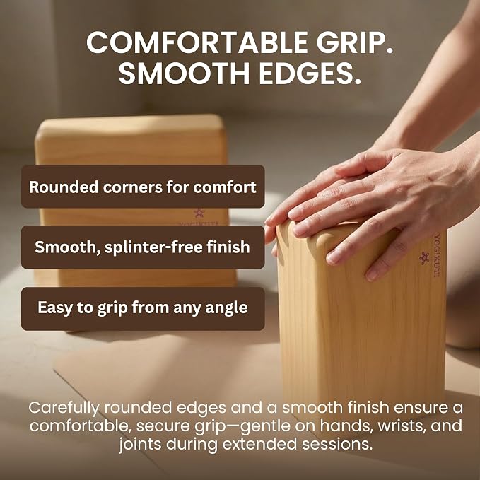 Yogikuti Solid Wooden Yoga Blocks Set of 2 | Premium Pine Wood Iyengar Yoga Blocks | Solid, Durable & Smooth Rounded Edges | Wooden Yoga Props for Stretching, Balance, Alignment & Home Studio Practice