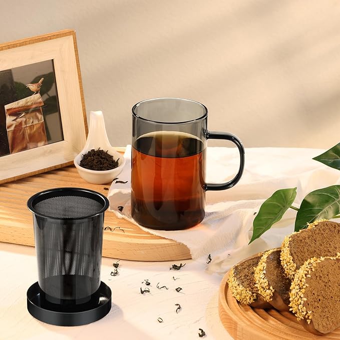 ecooe 16.9oz Glass Tea Cup with Infuser and Lid Clear Glass Tea Cup with Removable Stainless Steel Infuser & Lid, 500ml Teacup for Loose Leaf Tea, Tea Maker Gift for Birthday (Black Glass)