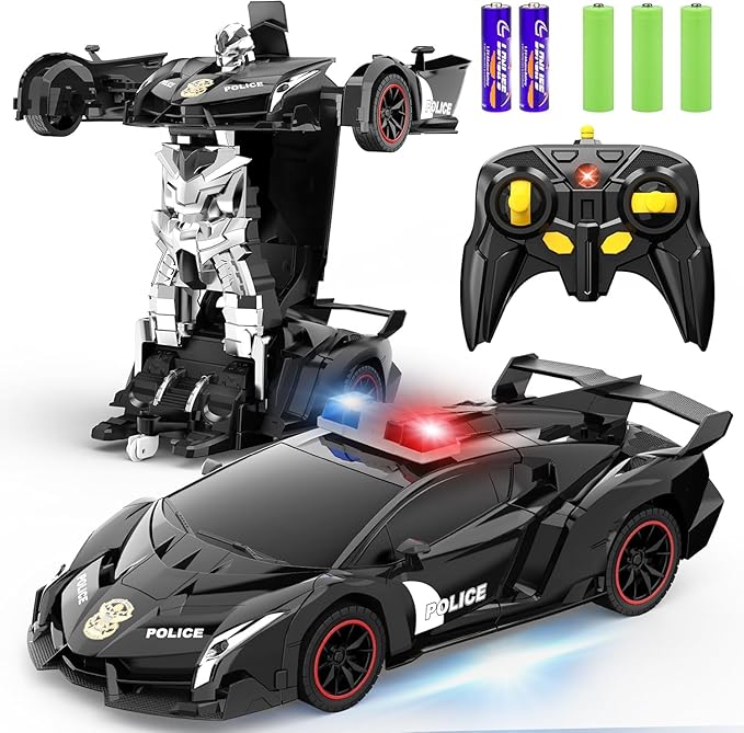 Remote Control Car - Transforming Toy Car Robot, One-Button Deformation with Flashing Lights 2.4GHz 1:18 Scale Transforming Police Car with 360-Degree Rotation Toys for Boys and Girls