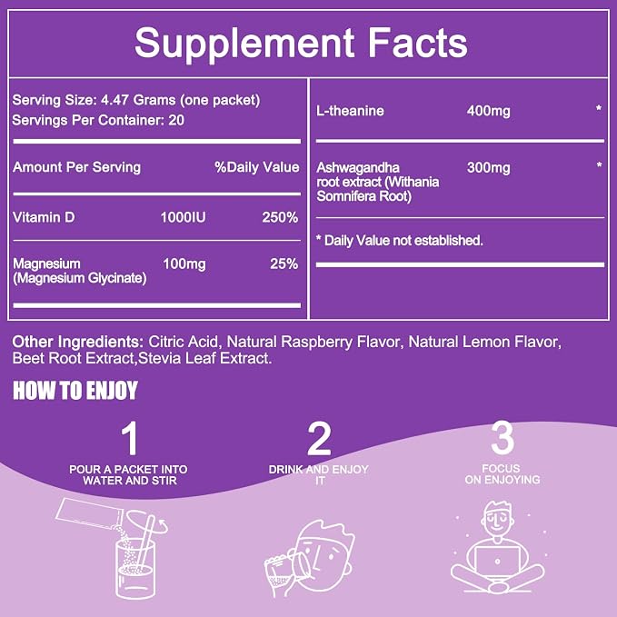 Calm Magnesium Powder,Natural Calm Powdered Drink,Cortisol Drink Mix for L-Theanine,Ashwagandha,Magnesium Glycinate,Anti-Stress Drink Mix Powder,Ashwagandha Supplements for Relaxation Sleep-20 Packet