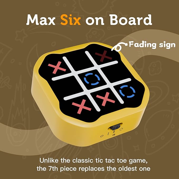 3-in-1 Electronic Tic Tac Toe Game, Handheld Travel Toy with Silent Mode, Fun for Kids and Adults, Yellow