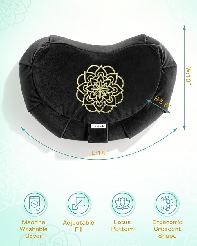 Hihealer Premium Crescent Meditation Cushion, Ergonomic Buckwheat Hull Floor Pillow for Adults, Comfortable Yoga Bolster for Meditation & Floor Sitting (Black)