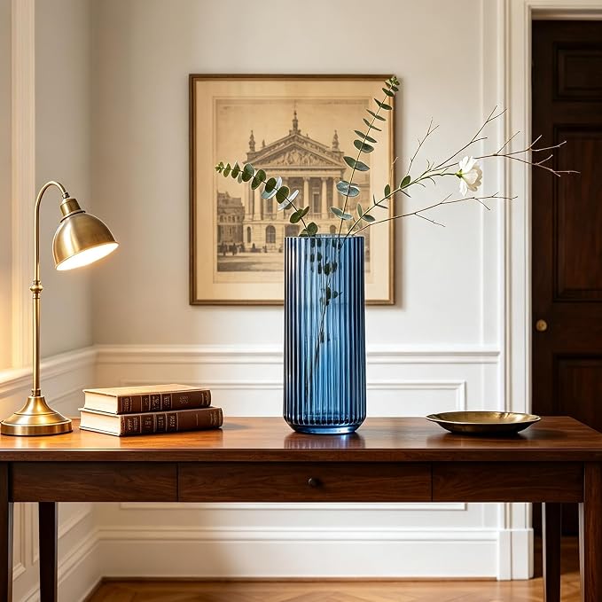 10 inch Blue Glass Flower Vase for Pampas Grass, Medium Decorative Centerpiece Ribbed Vase for Dining Table, Office Desktop, Shelf Bookshelf, Mantel, Entryway, Bathroom, Countertop,Gift