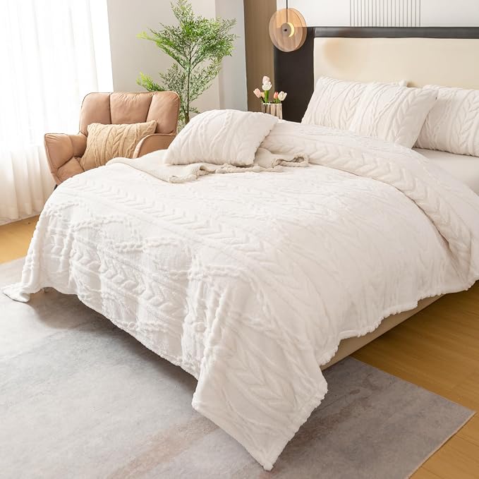 YUSOKI Sherpa Fleece Queen Size Blanket, Ivory, 90"x90" | 3D Stylish Design,320GSM, Non-Shedding, Lightweight for All Season Use, stays fluffy after repeated washes, Perfect Gifts