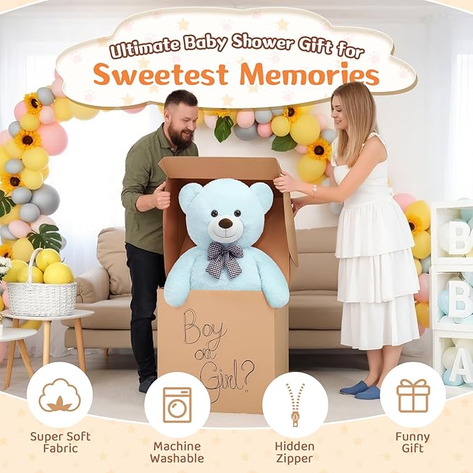 MorisMos Bow Tie Giant Teddy Bear 4 Feet, 47inch Big Teddy Bear Stuffed Animal Plush for Girlfriend, Boyfriend, Light Blue