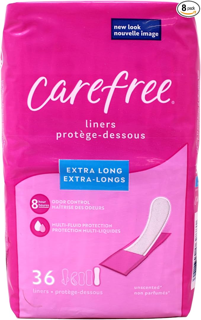 Carefree Extra Long Panty Liners, Unscented, Multi-Fluid Protection, 36 Count (Pack of 8)