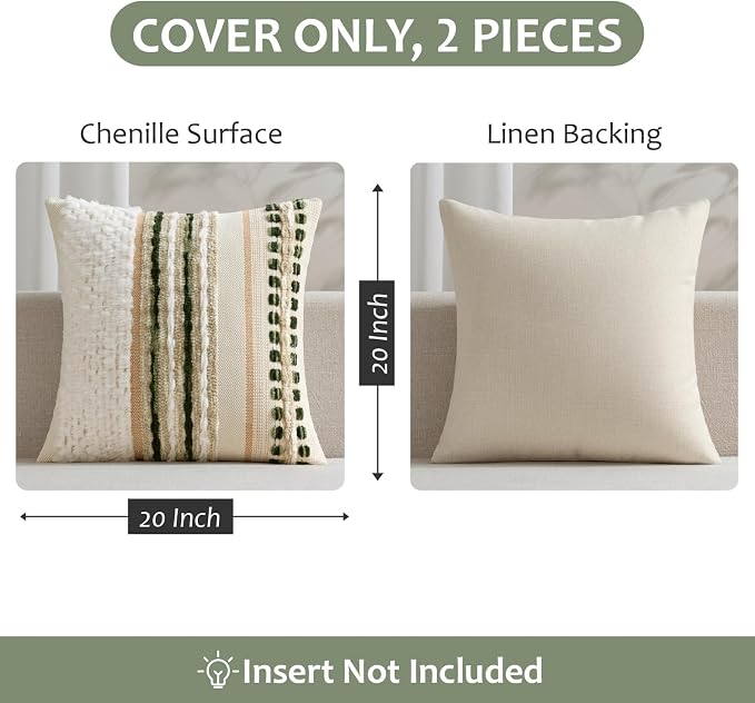 ANRODUO Boho Decorative Throw Pillow Covers Plush Green 20x20 Pack of 2 | Chenille Tufted Couch Pillow Covers, Farmhouse Pillow Covers, Accent Neutral Pillowcase, Cushion Covers for Couch Sofa Bed