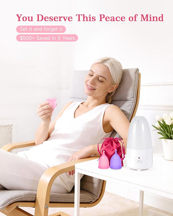 Menstrual Cup Steamer Sterilizer with S&L Size Reusable Period Cups, BPA Free, Leak-Proof Up to 12 Hours, Period Cleaner Kit-Travel Storage Pouch Included