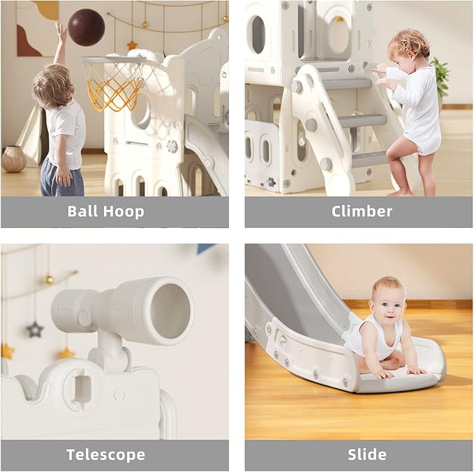 YUFU 6 in 1 Toddler Slide, Kids Climber Slide with Basketball Hoop and Ball, Indoor Outdoor Playset for Toddlers Age 1-3 (White Gray)