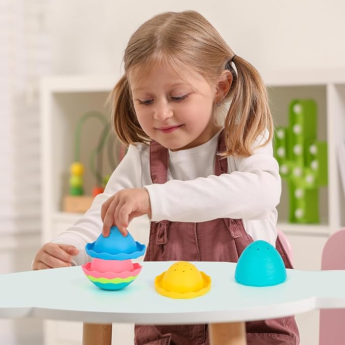ArtCreativity Stacking Bath Toy for Toddlers – 7-Piece Nesting Mold Free Bath Toy with Drainage Holes – Fun Baby Bathtub Toy – Pastel Color Sensory Toy