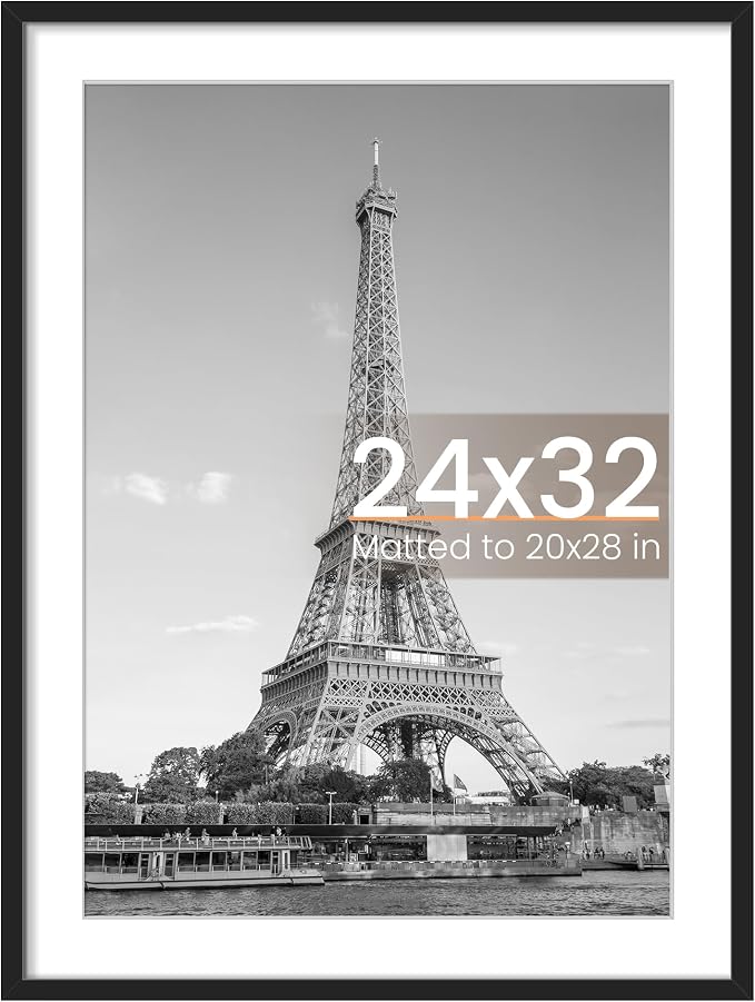 upsimples 24x32 Poster Frame, Display Pictures 20x28 with Mat or 24 x 32 Without, Wall Hanging Picture Frames, Black, 1 Pack