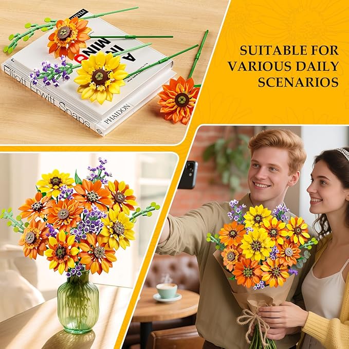 Flowers Sunflower Bouquet Building Set with Lights - 17 Flowers Botanical Collection Artificial Plant Sunflower Building Blocks Art Home Decor Surprise Gifts for Adults Women Girls (1011PCS)
