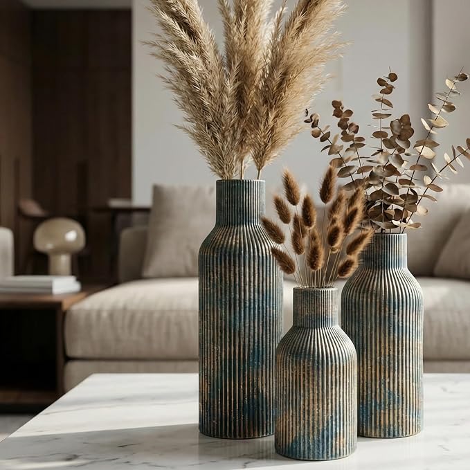 Vintage Blue Ceramic Flower Vases Set of 3, Modern Matte Vertical Ribbed, Nordic Minimalist Decor for Pampas Dried & Fresh Flowers, Centerpiece for Living Room, Shelf, Entryway, Wedding