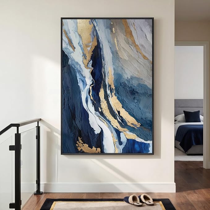 Extra Large Framed Navy Blue Abstract Wall Art for Living Room, Oversized Blue and Gold Vertical Canvas Prints Paintings Artwork for Walls, Modern Pictures Wall Decor for Bedroom Dining Room 40x60 In