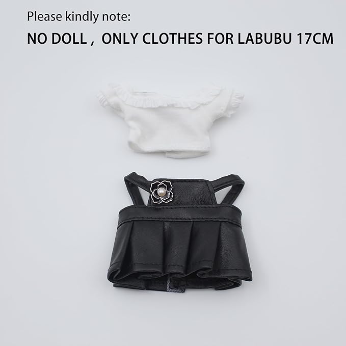 17cm Doll Clothes ,Black and White Cute Dress Outfit fits Labubu Girl- Chic Leather Overalls Skirt