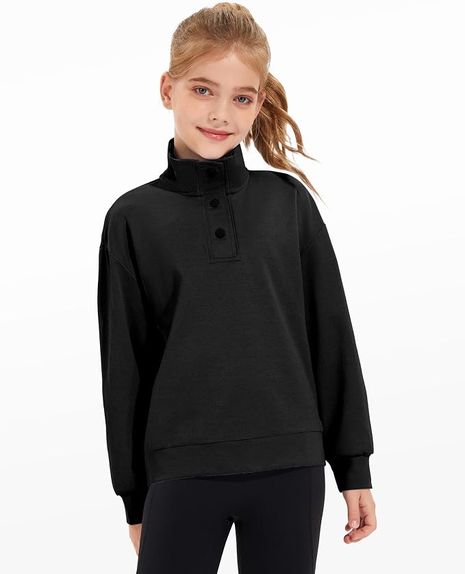 Girls Long Sleeve Collared Shirt Button Down Mock Neck Sweatshirt Athletic Cycling Clothing for Kids 5-14Years