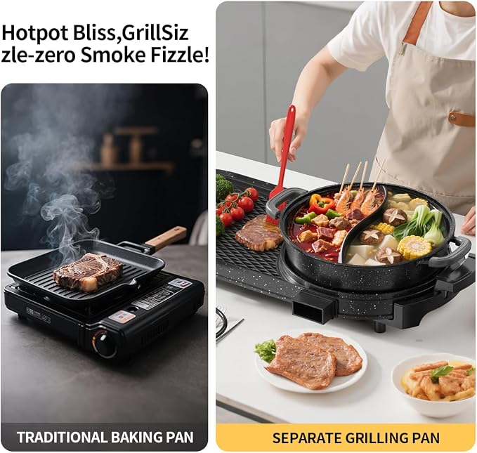 AORAN Electric Grill and Hot Pot Combo for Indoor Cooking, 2200W Detachable Dual Zone BBQ Griddle with Removable Split Pan, Non-Stick Surface, 29x11 Inch Family Size, Includes Grill Tools & Oil Paper