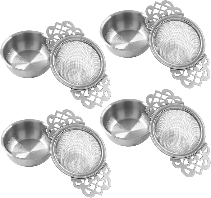 4 Pack Fine Mesh Tea Strainers with Drip Bowls, Stainless Steel Loose Leaf Tea Filter, Double Wing Handles for Mugs & Cups 2.5-4 Inch Mouth, Silver