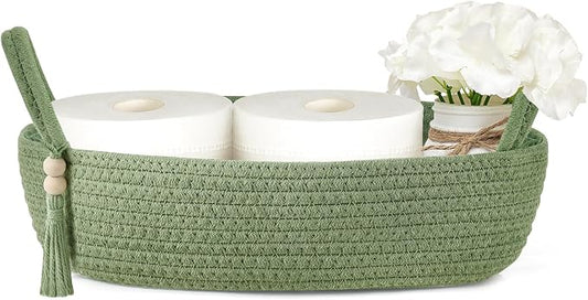 Mkono Toilet Paper Basket, Boho Bathroom Decor, Small Storage Organizer | Green, 13"L x 6"W, Back of Toilet Basket, Decorative Woven Tray with Handles, Space-Saving, Living Room Bedroom, 1 Pack