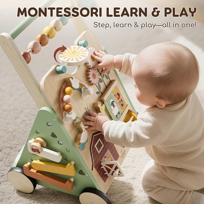 Lehoo Castle Wooden Baby Walker, Adjustable Speed Montessori Walker with Activity Center for Boys Girls, Baby Push Walker Toys for 1 Year Old Learning to Walk