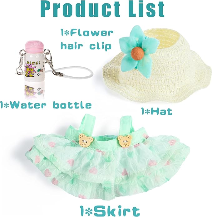 One Set Kawaii Doll Clothes for 17cm Plush Dolls - Green Floral Collection Dress + Hat + Bag + Hair Clip Fits 6.7 Inch Mini Dolls (No Doll No Glasses)