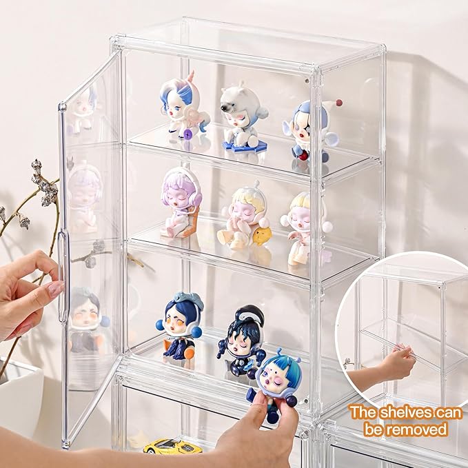 4 Pack 3 Tier Clear Display Case for Figures, Wall-Mounted Acrylic Storage Organizer Box, Stackable Display Cabinet with Magnetic Door & Removable Shelves, Showcase for Collectibles, Figures
