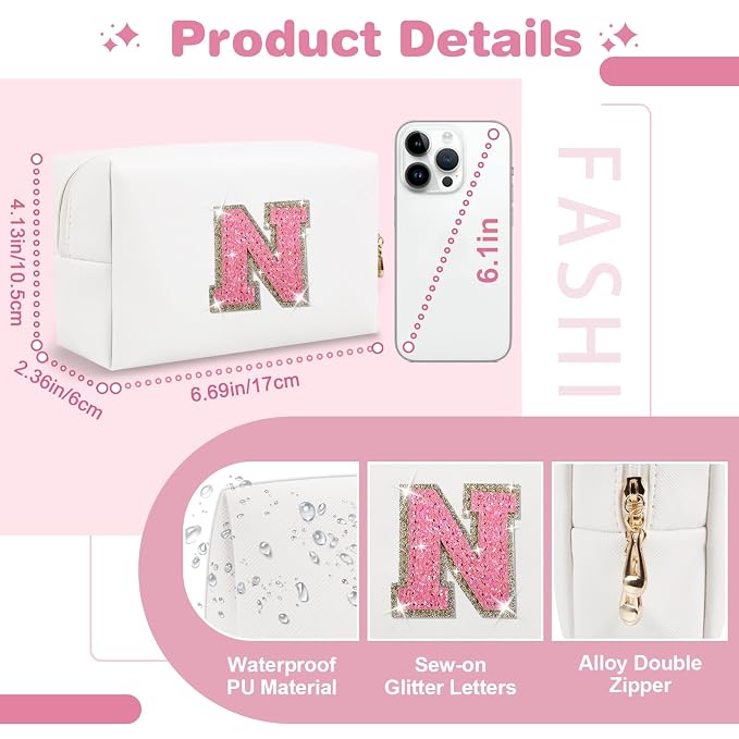 Small Initial Patch Makeup Bag Personalized Gifts Make Up Bag,White Cute PU Leather Glitter Letter Cosmetic Bag with Zipper,Trendy Portable Travel Toiletry Pouch,Preppy Stuff for Teen Girls Women N