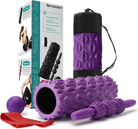 JOYENERGY 5 in 1 Foam Roller Set Trigger Point Foam Roller, Massage Roller Stick, Massage Ball, Stretching Strap for Deep Muscle Massage Pilates Yoga, Fitness Exercise for Whole Body (Purple Diamond)