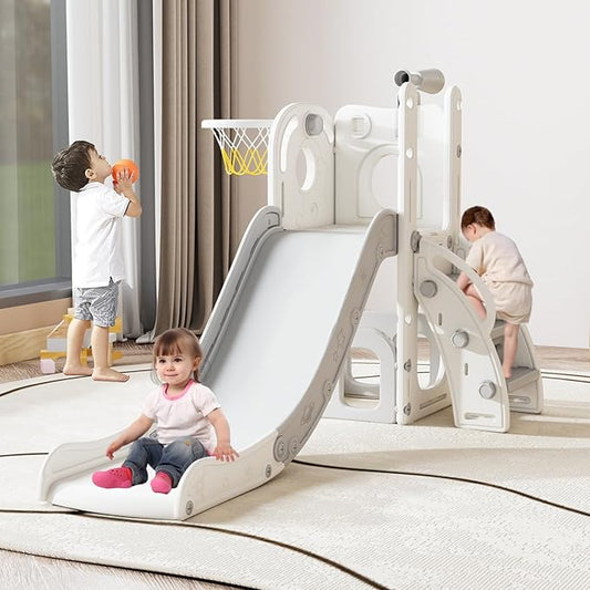 kinbor 6 in 1 Toddler Slide PlaySet - Indoor Outdoor Fun for Kids Ages 1-3, Includes Basketball Hoop, Telescope, Storage & Climber, Safe, Sturdy Baby Slide for Backyard Playground, White+Gray