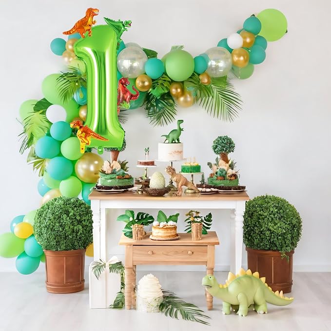 Dinosaur Green Number 1 Balloon, 40 Inch Big Large Foil Helium Green Number Balloon with 4 Pcs Mini Dinosuar, Dinosuar Mylar Balloons Set for 1st First Birthday Party Decorations Supplies
