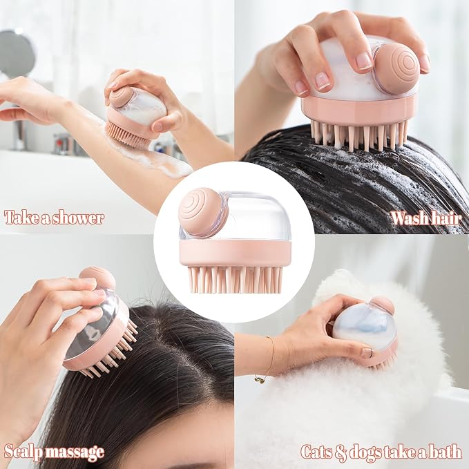 Scalp Massager Hair Growth,Pink Silicone Hair Massager Scalp Brush with Shampoo Dispenser for Relaxing and Cleansing